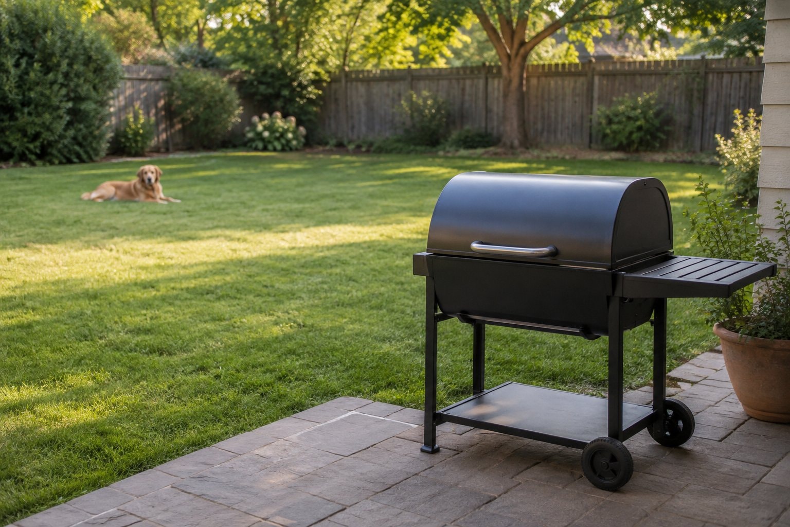 An unlit grill stands on a patio with a dog resting well back on the lawn.