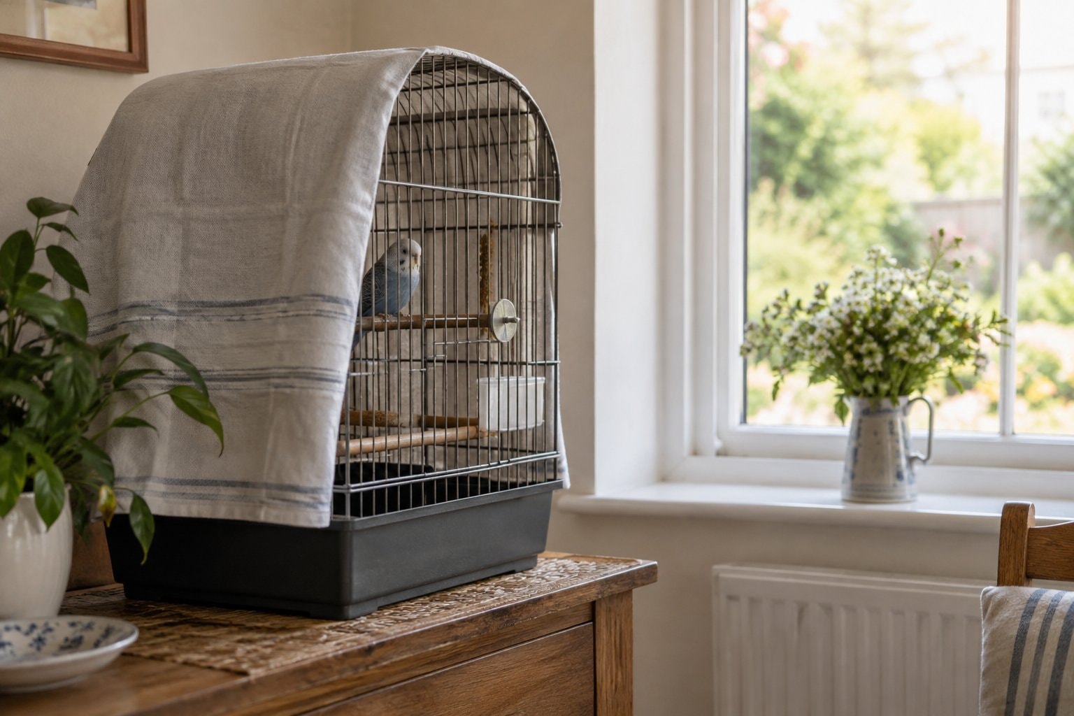 A plain birdcage is partly covered by a towel beside a window.