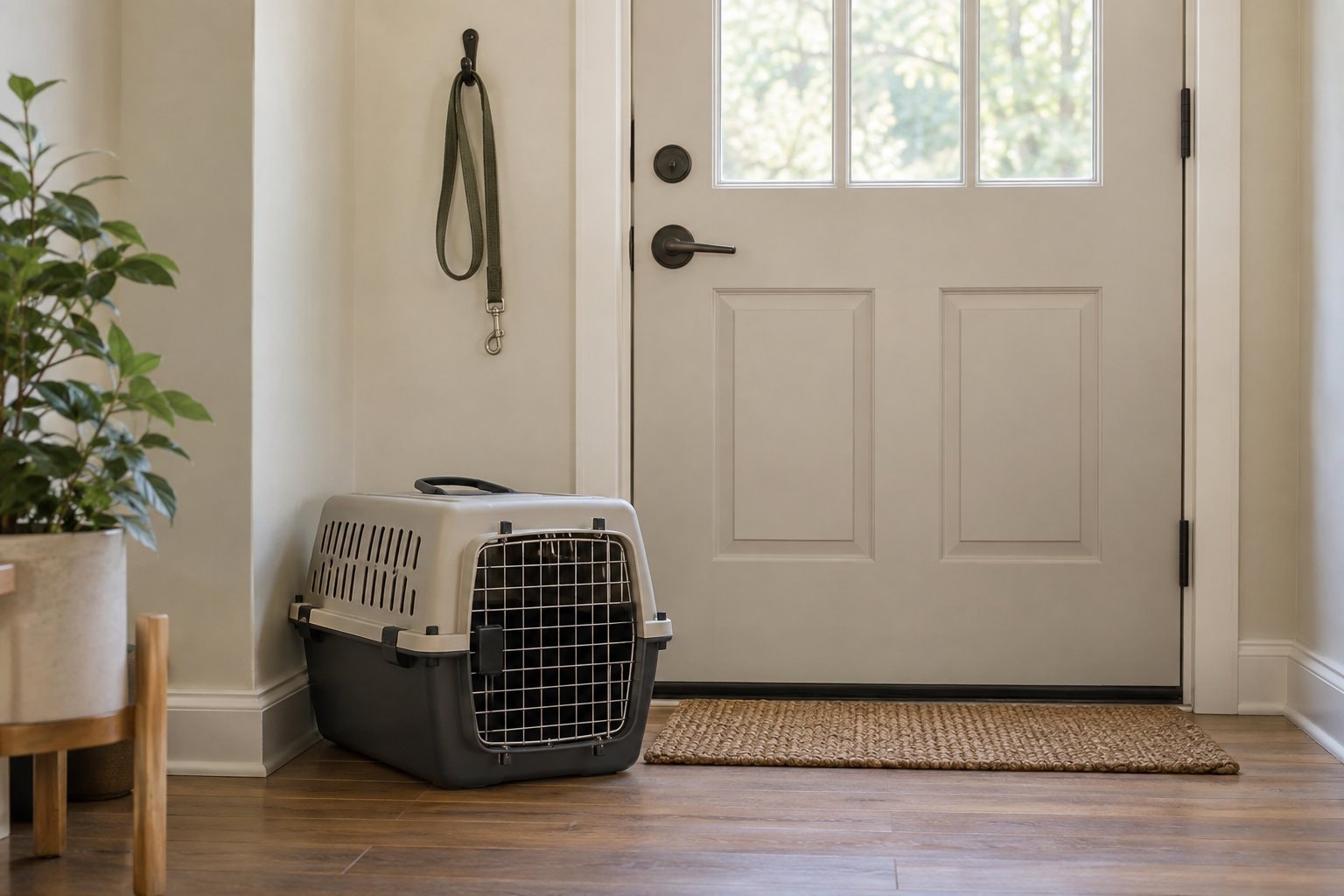 A pet carrier beside a closed front door with a leash on a wall hook.