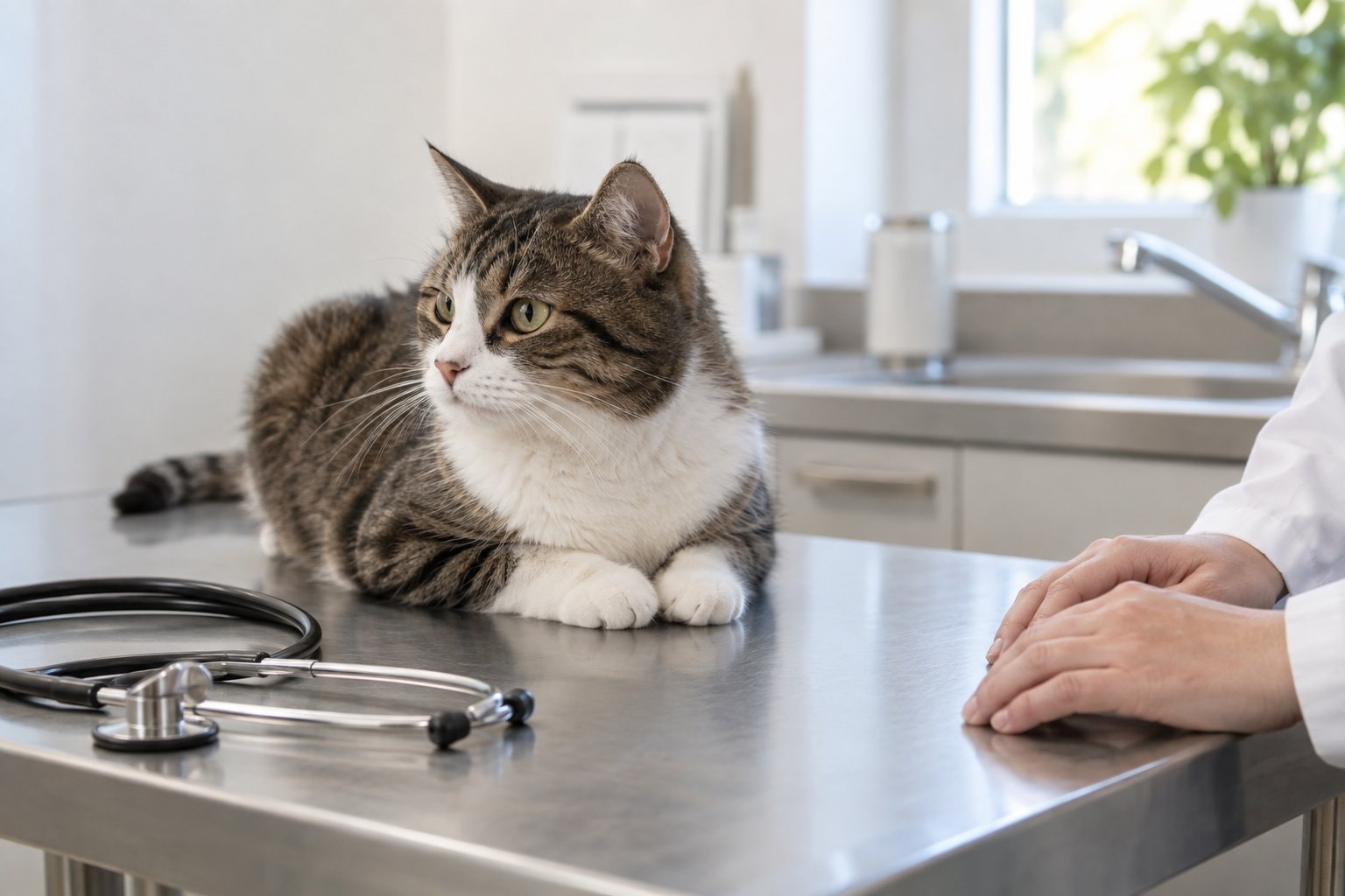A calm cat on an exam table beside an unused stethoscope and a person's hands.