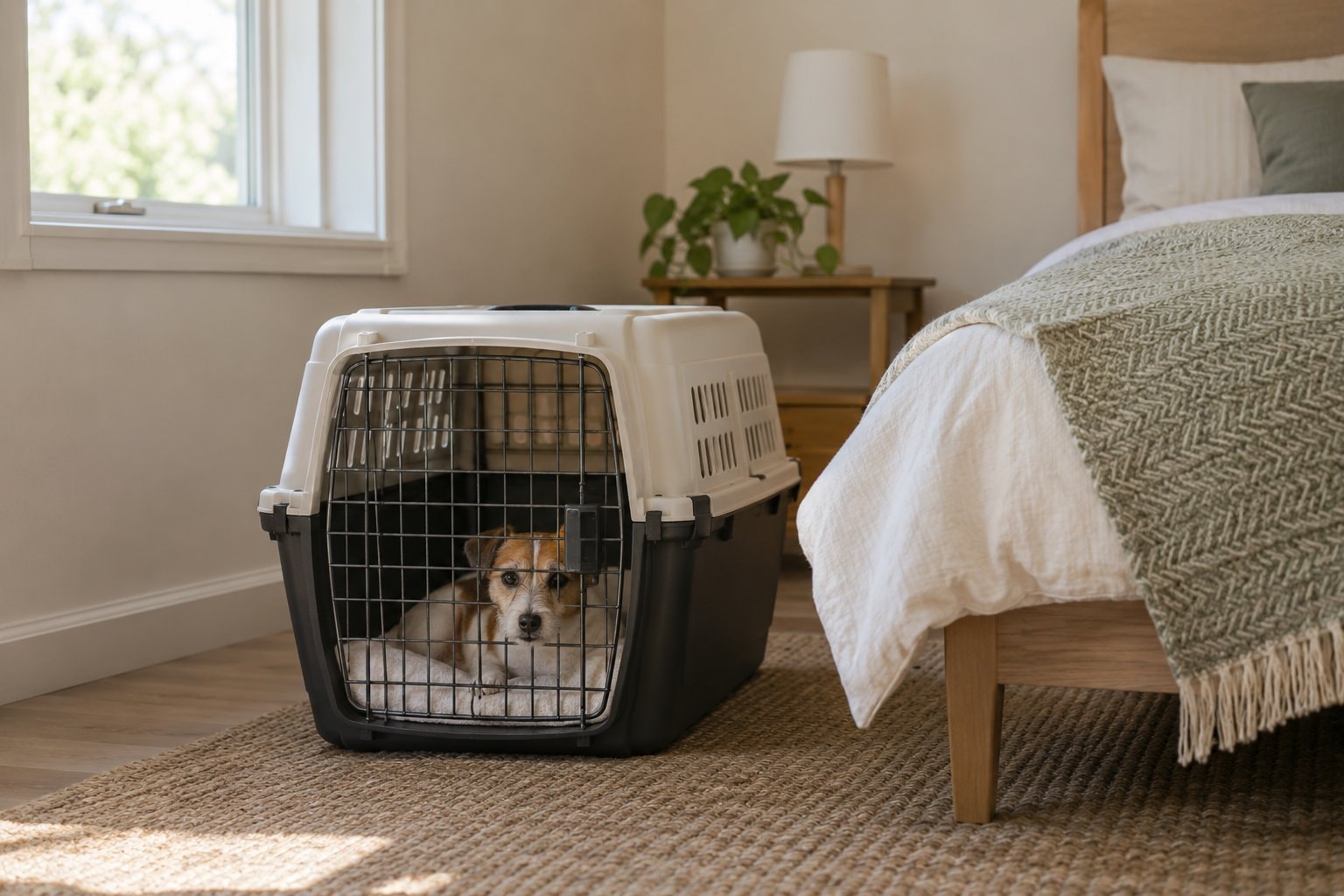 A small dog resting in a closed travel crate beside a bed.