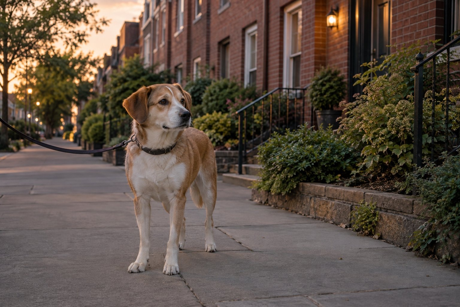A dog on a plain leash stands beside brick houses at dusk.