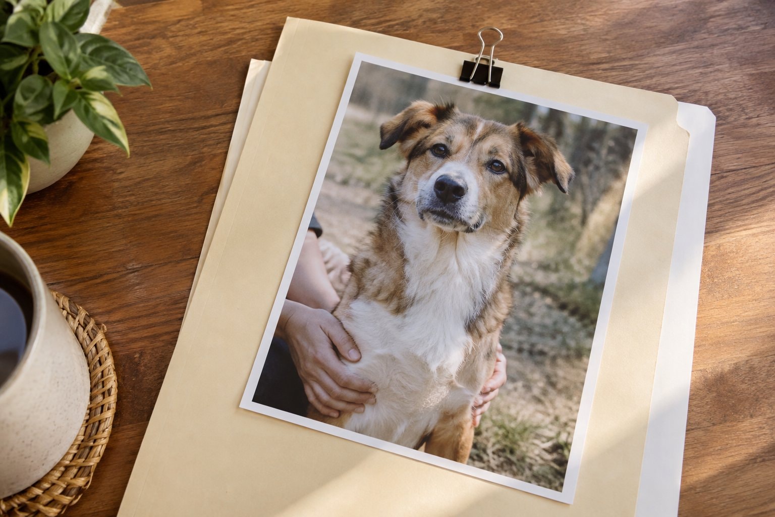 A printed photograph of a dog with a person's hands, clipped to a plain folder.