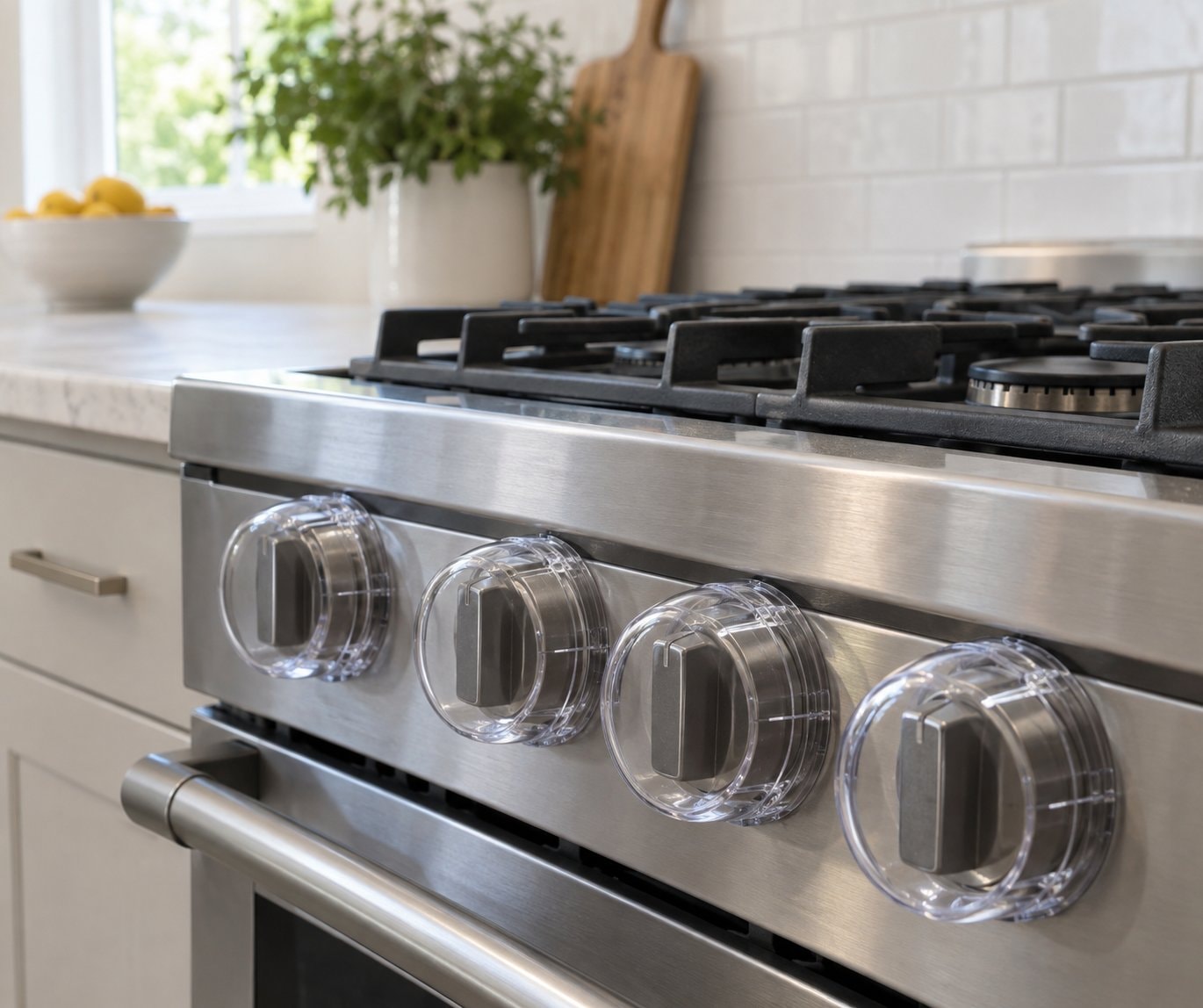 Clear covers enclosing the control knobs of a clean kitchen stove.