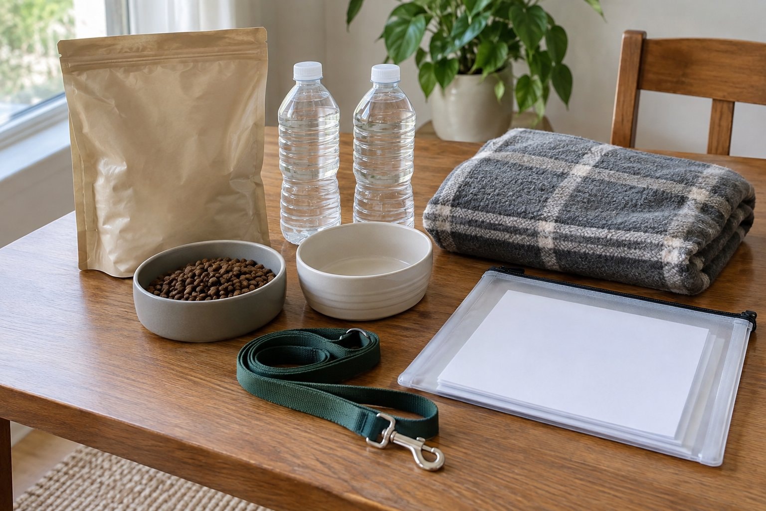 Bowls, an unlabelled food bag, water bottles, a blanket, leash and paper folder on a table.