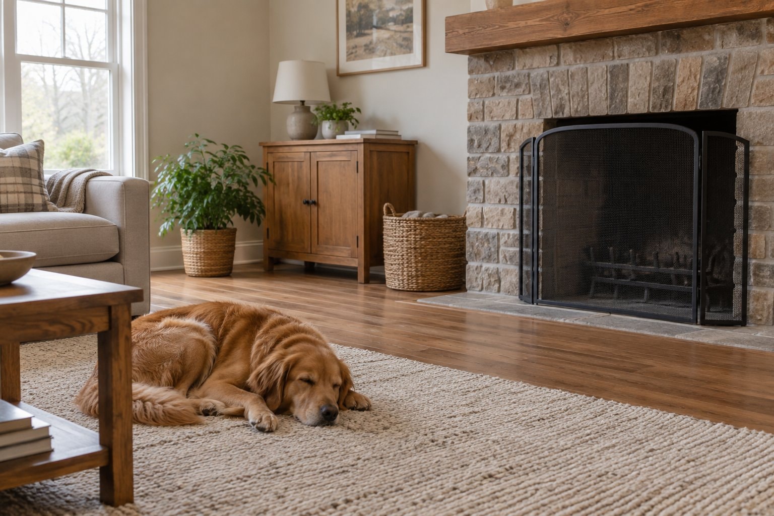 A dog sleeps on a rug well away from an unlit screened fireplace.
