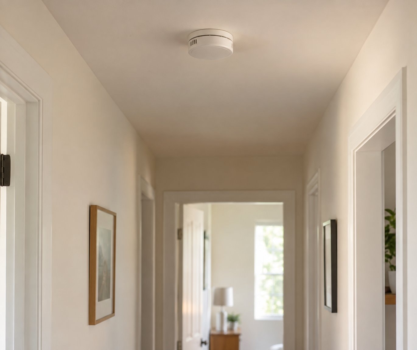 A plain smoke alarm on the ceiling of a bright home hallway.