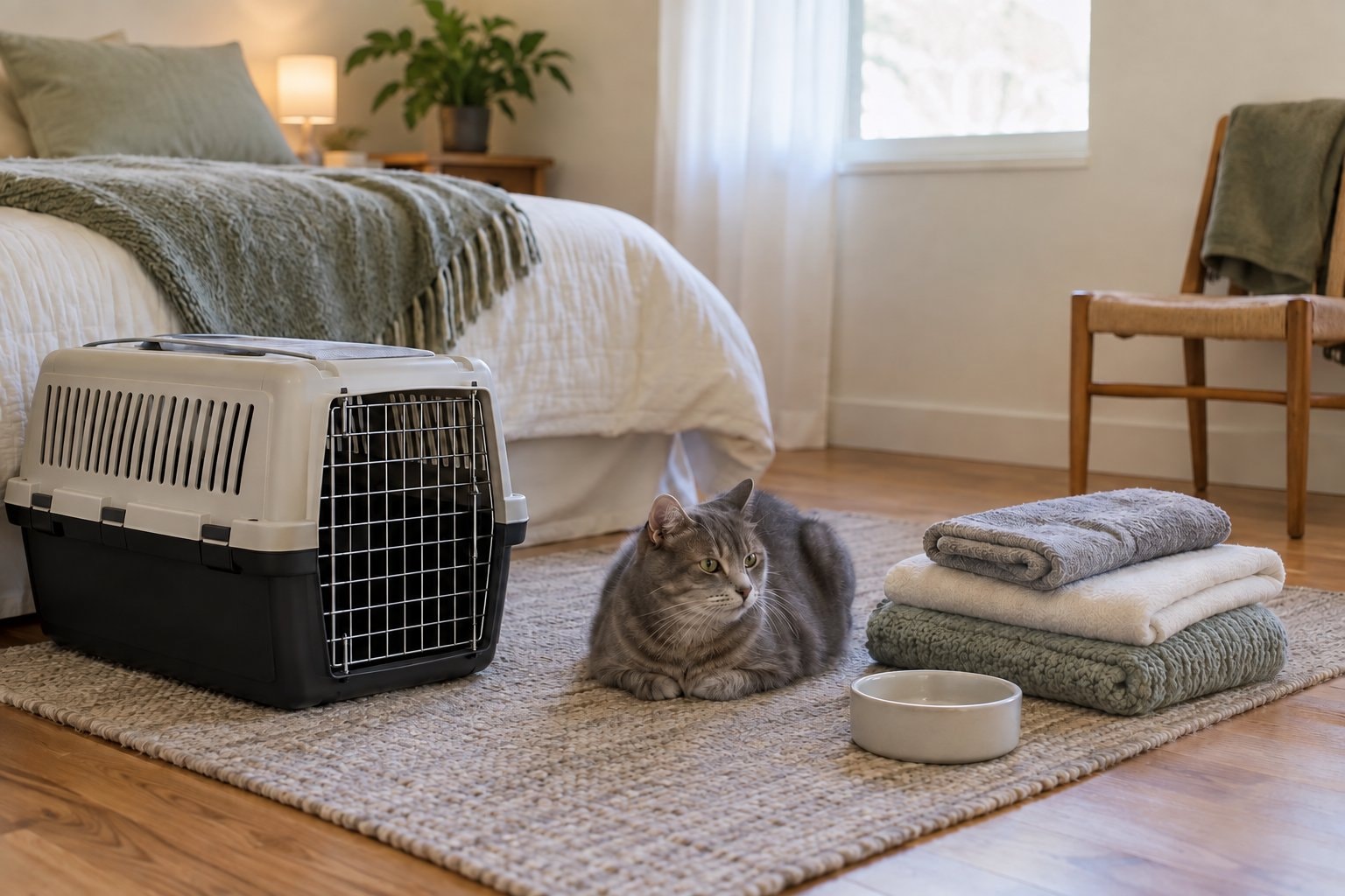 A calm cat beside a carrier in a quiet spare room.