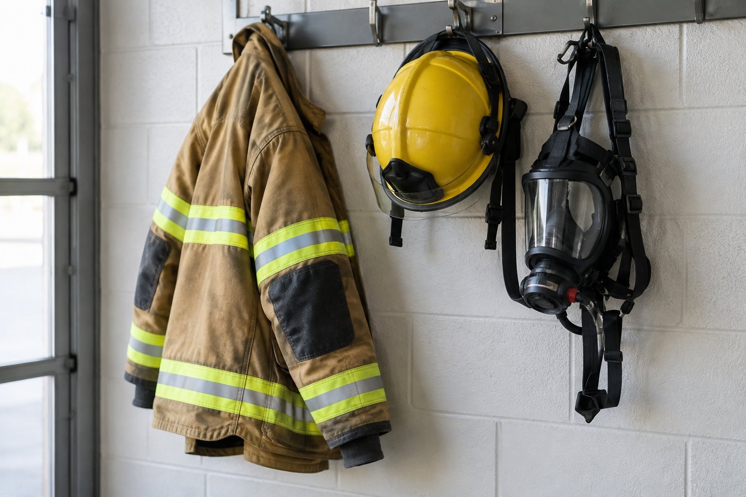 Plain turnout clothing, a helmet and a breathing mask hang on hooks.